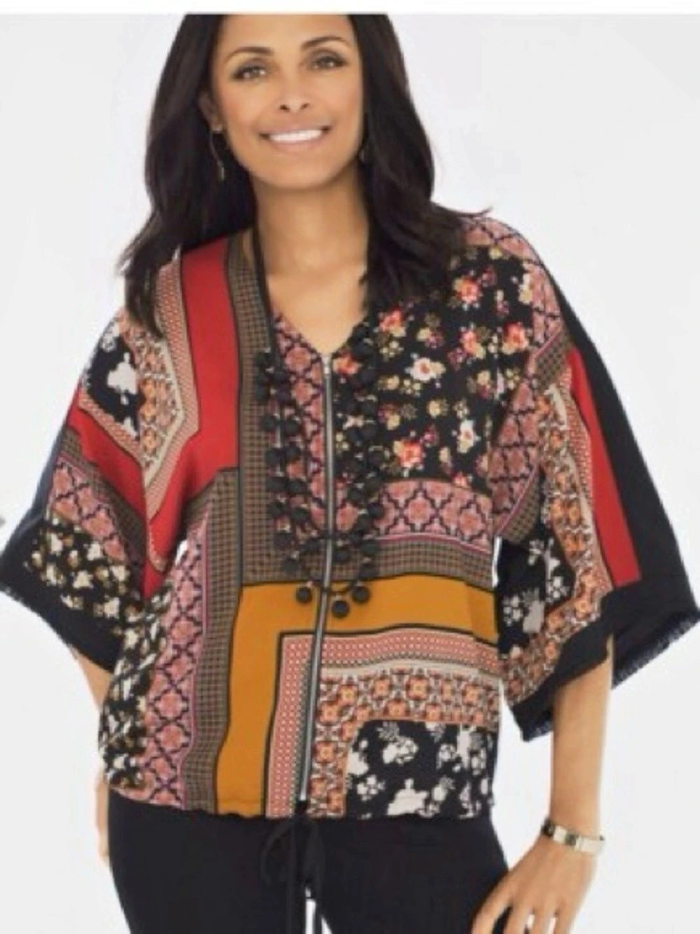 Chico's Bohemian Floral Patchwork Zip  Front Top